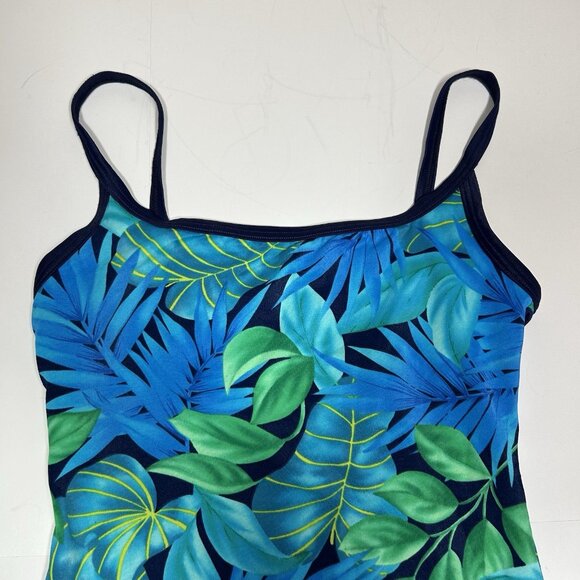 SPEEDO TROPICAL FLORAL BLUE GREEN ONE PIECE SWIMMING SUIT SPAGHETTI WOMEN SZ 10 - Picture 2 of 6